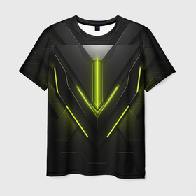 Мужская футболка 3D с принтом Объемная абстрактная яркая  зеленая фигура на черном фоне в Курске, 100% полиэфир | прямой крой, круглый вырез горловины, длина до линии бедер | 