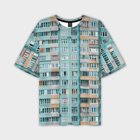 Мужская футболка oversize 3D с принтом Хрущёвка в голубых тонах в Новосибирске,  |  | Тематика изображения на принте: 