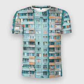 Мужская футболка 3D Slim с принтом Хрущёвка в голубых тонах в Новосибирске, 100% полиэстер с улучшенными характеристиками | приталенный силуэт, круглая горловина, широкие плечи, сужается к линии бедра | 