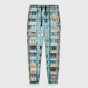 Мужские брюки 3D с принтом Хрущёвка в голубых тонах в Новосибирске, 100% полиэстер | манжеты по низу, эластичный пояс регулируется шнурком, по бокам два кармана без застежек, внутренняя часть кармана из мелкой сетки | Тематика изображения на принте: 