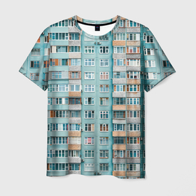Мужская футболка 3D с принтом Хрущёвка в голубых тонах в Петрозаводске, 100% полиэфир | прямой крой, круглый вырез горловины, длина до линии бедер | Тематика изображения на принте: 