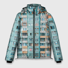 Мужская зимняя куртка 3D с принтом Хрущёвка в голубых тонах в Новосибирске, верх — 100% полиэстер; подкладка — 100% полиэстер; утеплитель — 100% полиэстер | длина ниже бедра, свободный силуэт Оверсайз. Есть воротник-стойка, отстегивающийся капюшон и ветрозащитная планка. 

Боковые карманы с листочкой на кнопках и внутренний карман на молнии. | Тематика изображения на принте: 