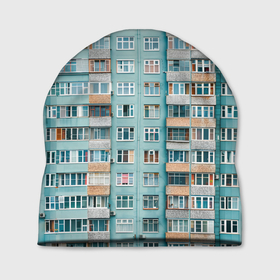 Шапка 3D с принтом Хрущёвка в голубых тонах в Новосибирске, 100% полиэстер | универсальный размер, печать по всей поверхности изделия | Тематика изображения на принте: 