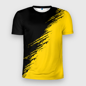 Мужская футболка 3D Slim с принтом Черные штрихи на желтом фоне в Санкт-Петербурге, 100% полиэстер с улучшенными характеристиками | приталенный силуэт, круглая горловина, широкие плечи, сужается к линии бедра | Тематика изображения на принте: 