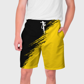 Мужские шорты 3D с принтом Черные штрихи на желтом фоне в Тюмени,  полиэстер 100% | прямой крой, два кармана без застежек по бокам. Мягкая трикотажная резинка на поясе, внутри которой широкие завязки. Длина чуть выше колен | 