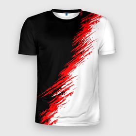 Мужская футболка 3D Slim с принтом Черные красные и белые штрихи красок в Санкт-Петербурге, 100% полиэстер с улучшенными характеристиками | приталенный силуэт, круглая горловина, широкие плечи, сужается к линии бедра | 