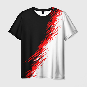 Мужская футболка 3D с принтом Черные красные и белые штрихи красок в Белгороде, 100% полиэфир | прямой крой, круглый вырез горловины, длина до линии бедер | 