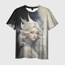 Мужская футболка 3D с принтом Девушка с крыльями в волосах в Екатеринбурге, 100% полиэфир | прямой крой, круглый вырез горловины, длина до линии бедер | Тематика изображения на принте: 