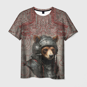 Мужская футболка 3D с принтом Медведь в кибернетическом шлеме , 100% полиэфир | прямой крой, круглый вырез горловины, длина до линии бедер | 