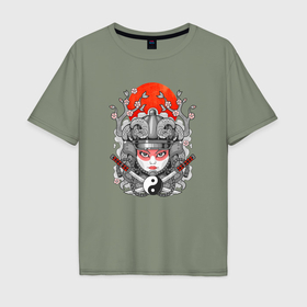 Мужская футболка хлопок Oversize с принтом Мифическая девушка самурай , 100% хлопок | свободный крой, круглый ворот, “спинка” длиннее передней части | 