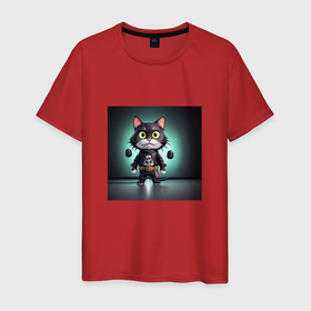 Мужская футболка хлопок с принтом Крутой японский черный кот , 100% хлопок | прямой крой, круглый вырез горловины, длина до линии бедер, слегка спущенное плечо. | 