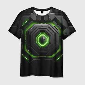Мужская футболка 3D с принтом Яркая геометрическая зеленая  неоновая абстракция на черном в Екатеринбурге, 100% полиэфир | прямой крой, круглый вырез горловины, длина до линии бедер | 