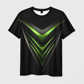 Мужская футболка 3D с принтом Яркая  геометрическая зеленая неоновая абстракция на черном в Кировске, 100% полиэфир | прямой крой, круглый вырез горловины, длина до линии бедер | 