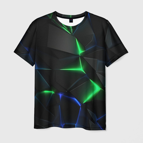 Мужская футболка 3D с принтом Объемная геометрическая зеленая неоновая абстракция на черном в Кировске, 100% полиэфир | прямой крой, круглый вырез горловины, длина до линии бедер | 