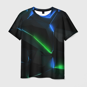 Мужская футболка 3D с принтом Объемная геометрическая зеленая неоновая абстракция  на черном в Екатеринбурге, 100% полиэфир | прямой крой, круглый вырез горловины, длина до линии бедер | 