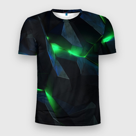 Мужская футболка 3D Slim с принтом Объемная геометрическая  зеленая неоновая абстракция на черном , 100% полиэстер с улучшенными характеристиками | приталенный силуэт, круглая горловина, широкие плечи, сужается к линии бедра | 