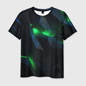 Мужская футболка 3D с принтом Объемная геометрическая  зеленая неоновая абстракция на черном , 100% полиэфир | прямой крой, круглый вырез горловины, длина до линии бедер | 