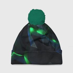 Шапка 3D c помпоном с принтом Объемная геометрическая  зеленая неоновая абстракция на черном в Новосибирске, 100% полиэстер | универсальный размер, печать по всей поверхности изделия | 
