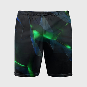 Мужские шорты спортивные с принтом Объемная геометрическая  зеленая неоновая абстракция на черном в Санкт-Петербурге,  |  | 