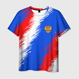 Мужская футболка 3D с принтом Триколор штрихи с гербор РФ в Санкт-Петербурге, 100% полиэфир | прямой крой, круглый вырез горловины, длина до линии бедер | Тематика изображения на принте: 