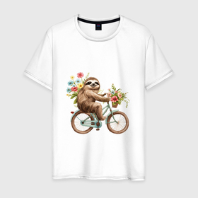 Мужская футболка хлопок с принтом Ленивец на велосипеде в Петрозаводске, 100% хлопок | прямой крой, круглый вырез горловины, длина до линии бедер, слегка спущенное плечо. | Тематика изображения на принте: 