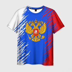 Мужская футболка 3D с принтом Триколор штрихи с гербор в Санкт-Петербурге, 100% полиэфир | прямой крой, круглый вырез горловины, длина до линии бедер | 