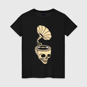 Женская футболка хлопок с принтом Skull vinyl в Екатеринбурге, 100% хлопок | прямой крой, круглый вырез горловины, длина до линии бедер, слегка спущенное плечо | 