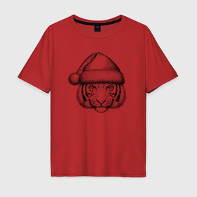 Мужская футболка хлопок Oversize с принтом Голова новогоднего тигра в Екатеринбурге, 100% хлопок | свободный крой, круглый ворот, “спинка” длиннее передней части | Тематика изображения на принте: 