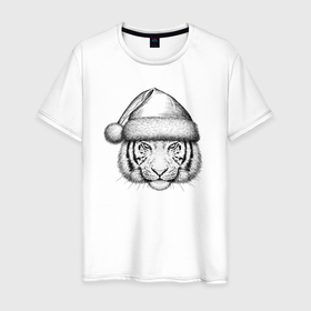 Мужская футболка хлопок с принтом Голова новогоднего тигра в Екатеринбурге, 100% хлопок | прямой крой, круглый вырез горловины, длина до линии бедер, слегка спущенное плечо. | Тематика изображения на принте: 