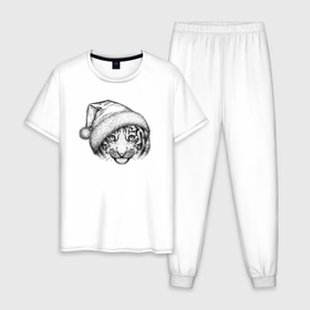 Мужская пижама хлопок с принтом Новогодний тигренок в Санкт-Петербурге, 100% хлопок | брюки и футболка прямого кроя, без карманов, на брюках мягкая резинка на поясе и по низу штанин
 | 