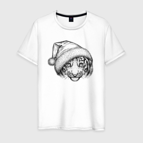 Мужская футболка хлопок с принтом Новогодний тигренок в Курске, 100% хлопок | прямой крой, круглый вырез горловины, длина до линии бедер, слегка спущенное плечо. | 
