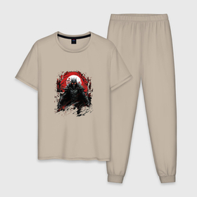 Мужская пижама хлопок с принтом Черный самурай в доспехах в Курске, 100% хлопок | брюки и футболка прямого кроя, без карманов, на брюках мягкая резинка на поясе и по низу штанин
 | 