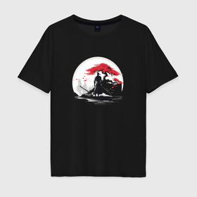Мужская футболка хлопок Oversize с принтом Самурай с деревом в Кировске, 100% хлопок | свободный крой, круглый ворот, “спинка” длиннее передней части | 