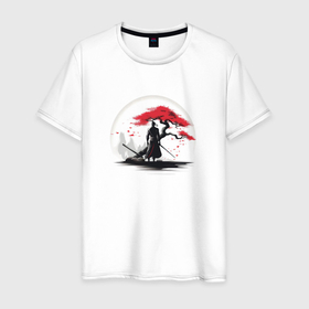 Мужская футболка хлопок с принтом Самурай с деревом в Кировске, 100% хлопок | прямой крой, круглый вырез горловины, длина до линии бедер, слегка спущенное плечо. | 