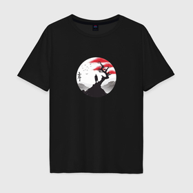 Мужская футболка хлопок Oversize с принтом Самурай и дерево на склоне в Курске, 100% хлопок | свободный крой, круглый ворот, “спинка” длиннее передней части | 