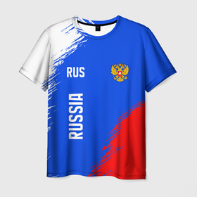 Мужская футболка 3D с принтом Триколор и герб России в Новосибирске, 100% полиэфир | прямой крой, круглый вырез горловины, длина до линии бедер | 
