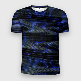 Мужская футболка 3D Slim с принтом Темно синие карбоновые волны в Кировске, 100% полиэстер с улучшенными характеристиками | приталенный силуэт, круглая горловина, широкие плечи, сужается к линии бедра | 