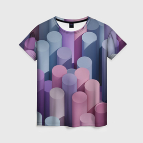 Женская футболка 3D с принтом Цветные цилиндры в Санкт-Петербурге, 100% полиэфир ( синтетическое хлопкоподобное полотно) | прямой крой, круглый вырез горловины, длина до линии бедер | 