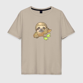Мужская футболка хлопок Oversize с принтом Милый маленький ленивец в Тюмени, 100% хлопок | свободный крой, круглый ворот, “спинка” длиннее передней части | 