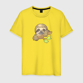 Мужская футболка хлопок с принтом Милый маленький ленивец в Петрозаводске, 100% хлопок | прямой крой, круглый вырез горловины, длина до линии бедер, слегка спущенное плечо. | 