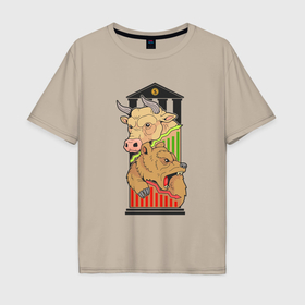 Мужская футболка хлопок Oversize с принтом Биржа бык и медведь , 100% хлопок | свободный крой, круглый ворот, “спинка” длиннее передней части | Тематика изображения на принте: 