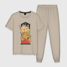 Мужская пижама хлопок с принтом Биржа бык и медведь в Новосибирске, 100% хлопок | брюки и футболка прямого кроя, без карманов, на брюках мягкая резинка на поясе и по низу штанин
 | Тематика изображения на принте: 