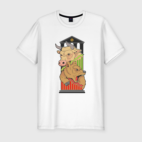 Мужская футболка хлопок Slim с принтом Биржа бык и медведь в Курске, 92% хлопок, 8% лайкра | приталенный силуэт, круглый вырез ворота, длина до линии бедра, короткий рукав | 