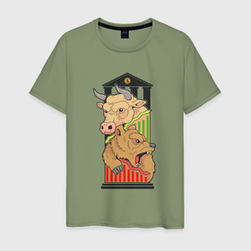 Мужская футболка хлопок с принтом Биржа бык и медведь в Санкт-Петербурге, 100% хлопок | прямой крой, круглый вырез горловины, длина до линии бедер, слегка спущенное плечо. | Тематика изображения на принте: 