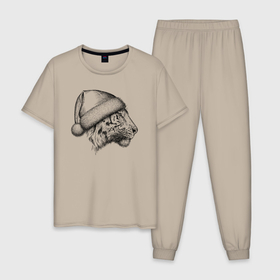 Мужская пижама хлопок с принтом Профиль новогоднего тигра в Тюмени, 100% хлопок | брюки и футболка прямого кроя, без карманов, на брюках мягкая резинка на поясе и по низу штанин
 | 