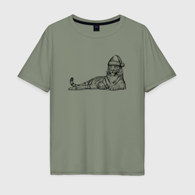 Мужская футболка хлопок Oversize с принтом Новогодний тигр лежит , 100% хлопок | свободный крой, круглый ворот, “спинка” длиннее передней части | Тематика изображения на принте: 