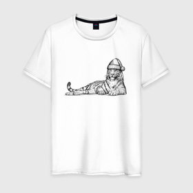 Мужская футболка хлопок с принтом Новогодний тигр лежит в Курске, 100% хлопок | прямой крой, круглый вырез горловины, длина до линии бедер, слегка спущенное плечо. | 