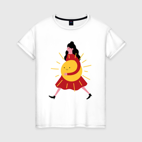 Женская футболка хлопок с принтом Девушка с солнцем в Курске, 100% хлопок | прямой крой, круглый вырез горловины, длина до линии бедер, слегка спущенное плечо | 