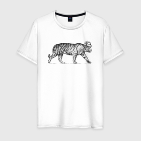 Мужская футболка хлопок с принтом Тигр в новогодней шапке в Курске, 100% хлопок | прямой крой, круглый вырез горловины, длина до линии бедер, слегка спущенное плечо. | 