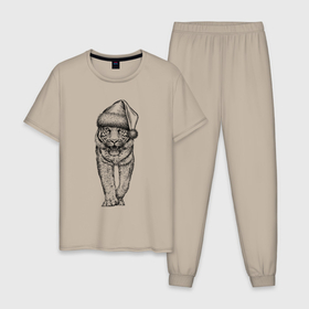 Мужская пижама хлопок с принтом Тигр в новогоднем колпаке , 100% хлопок | брюки и футболка прямого кроя, без карманов, на брюках мягкая резинка на поясе и по низу штанин
 | 